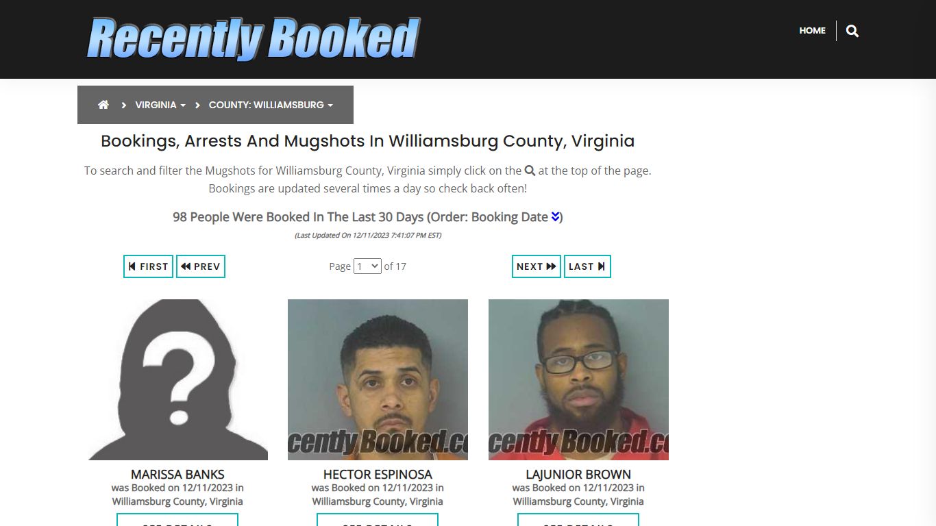 Bookings, Arrests and Mugshots in Williamsburg County, Virginia